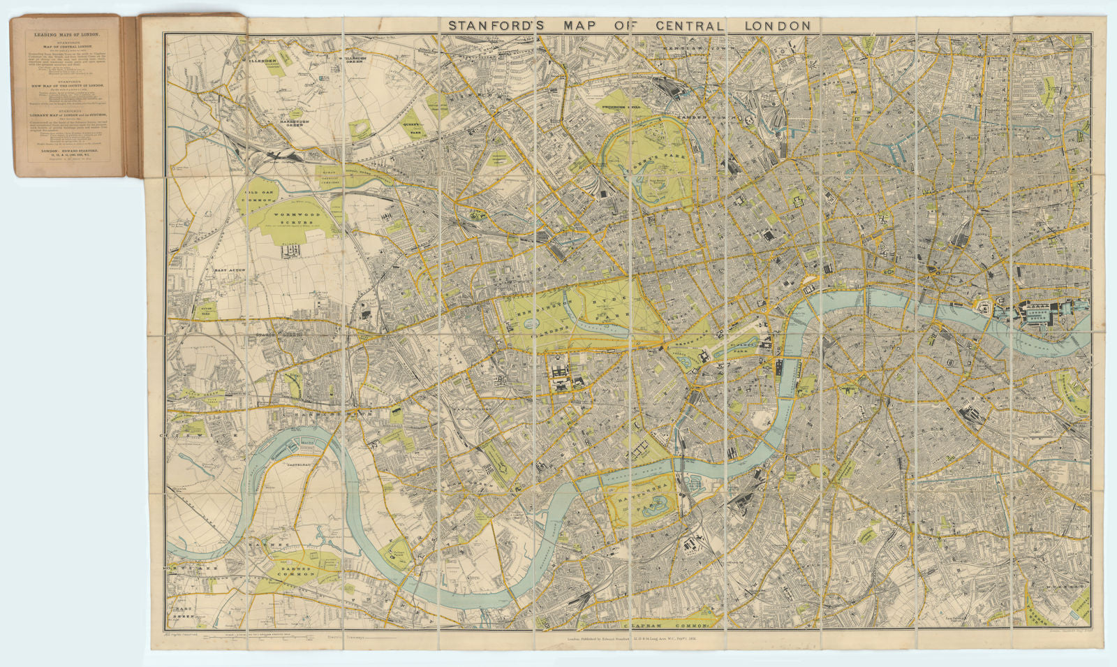 Stanford's Map of Central London. Folding, linen-backed antique city plan 1905